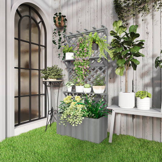 Outsunny 52L Fir Wood Planter With Trellis And Shelves Grey For Outdoor Use All Year