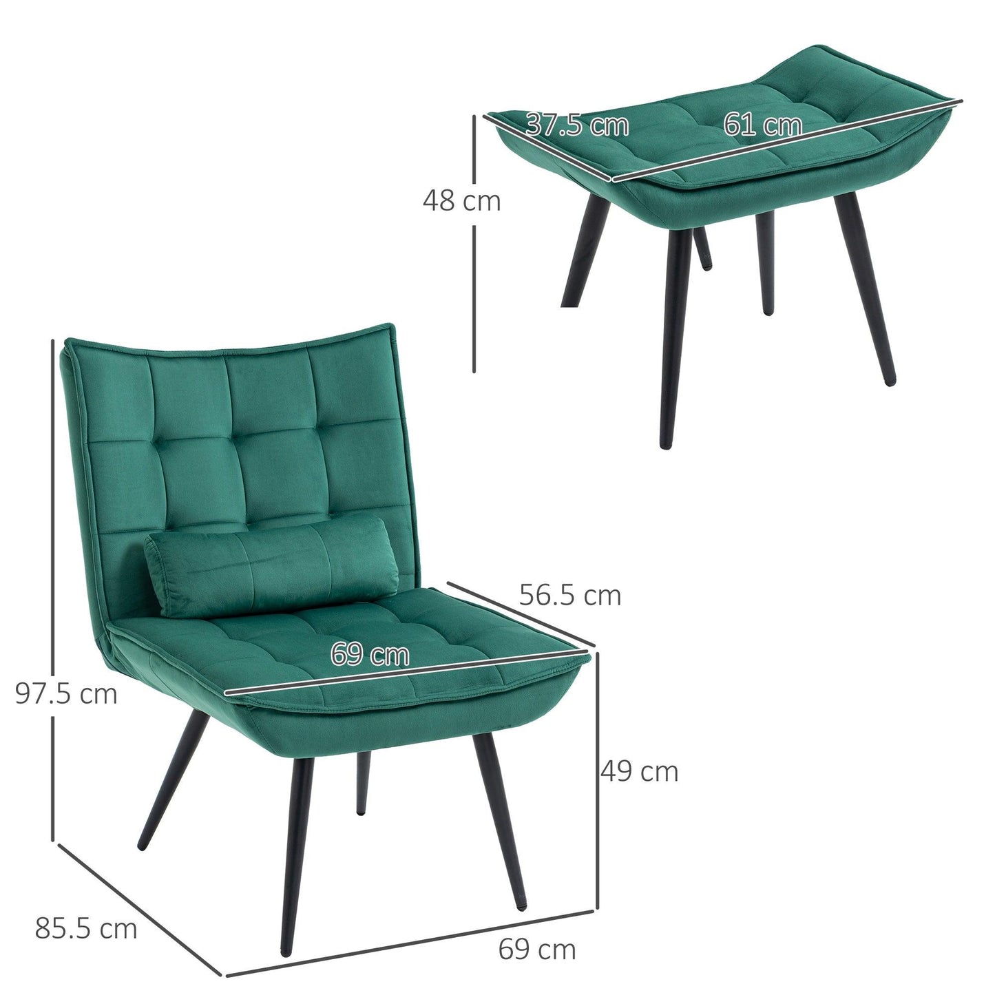 HOMCOM Armless Accent Chair with Footstool Set with Pillow and Steel Legs Green - ALL4U RETAILER LTD