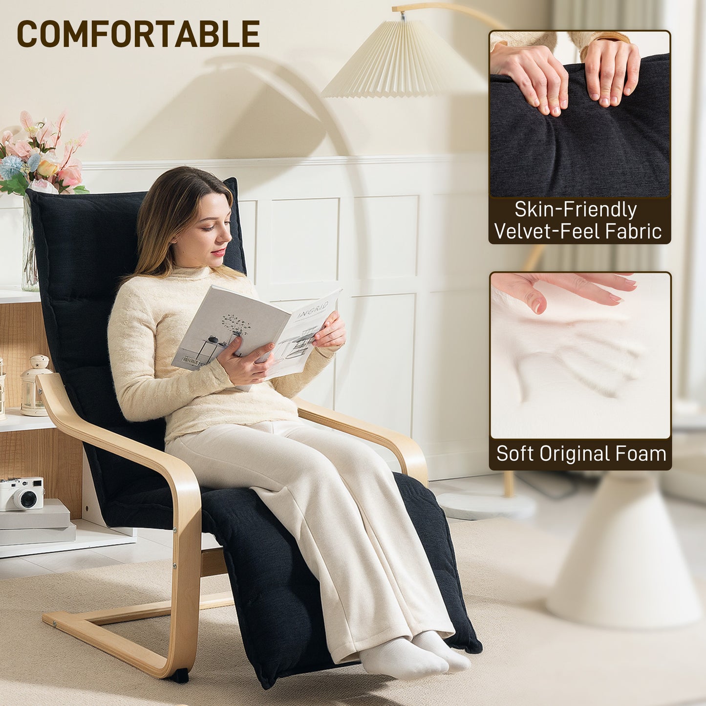 HOMCOM Curved Wooden Accent Chair With Adjustable Footrest Rocking Motion Velvet Upholstery Black Birch Wood Frame