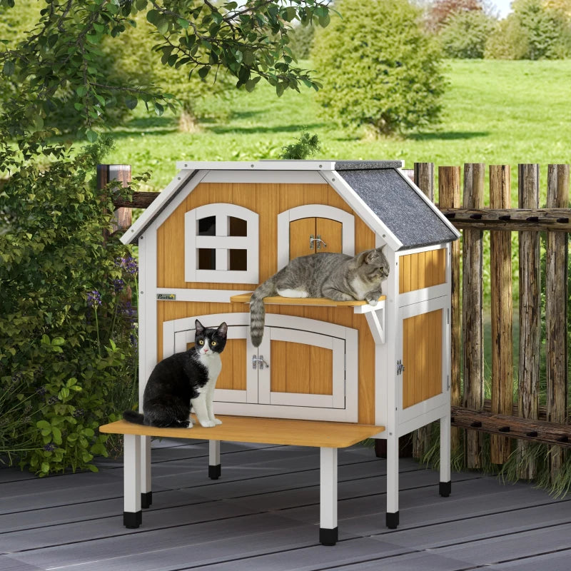 PawHut 2-Tier Outdoor Wooden Cat Shelter, Feral Cat House with Openable Asphalt Roof, Escape Doors, and Terrace for 1-2 Cats - ALL4U RETAILER LTD