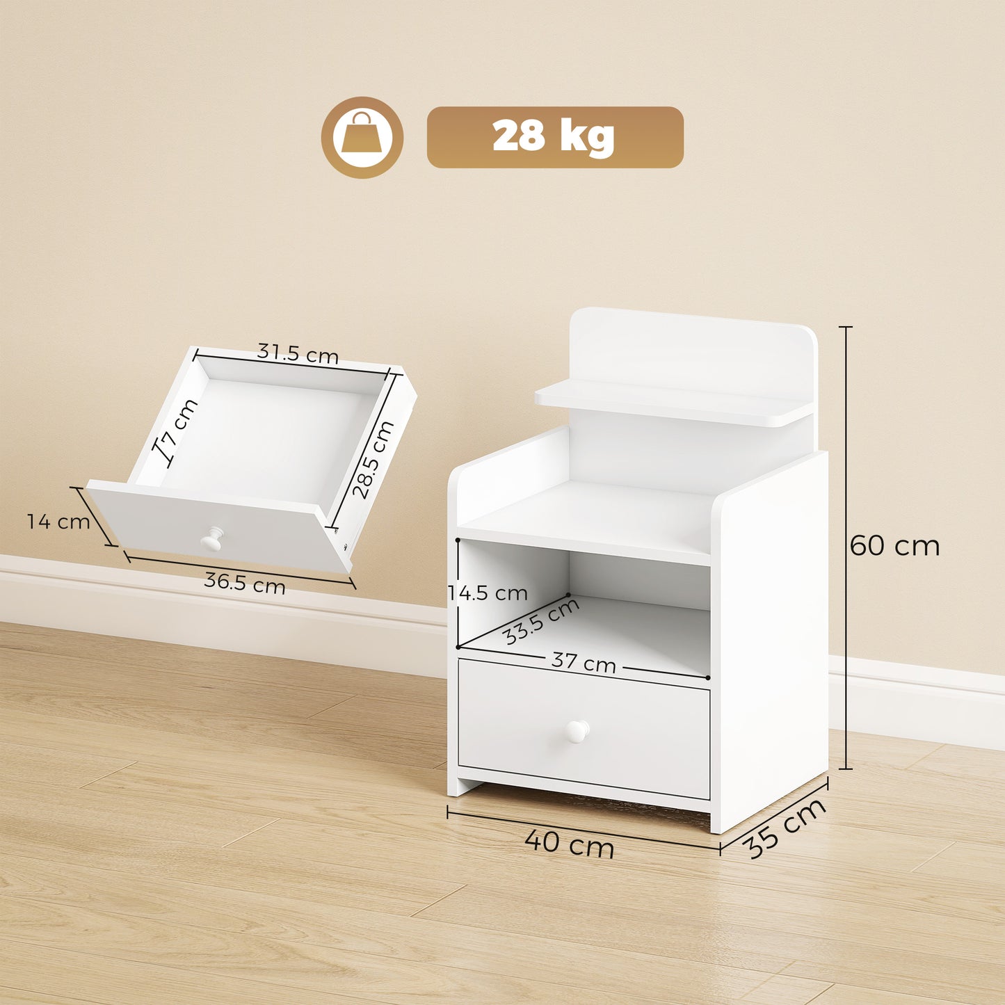HOMCOM Bedside Cabinet With Drawer And Shelves White Nightstand For Living Room And Bedroom