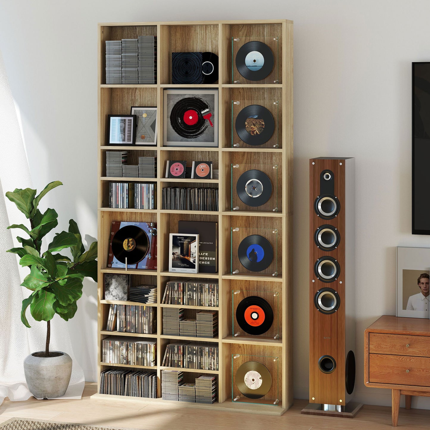 HOMCOM CD and DVD Storage Unit With Adjustable Shelves Oak Tone 102 x 195 cm Home Media Display