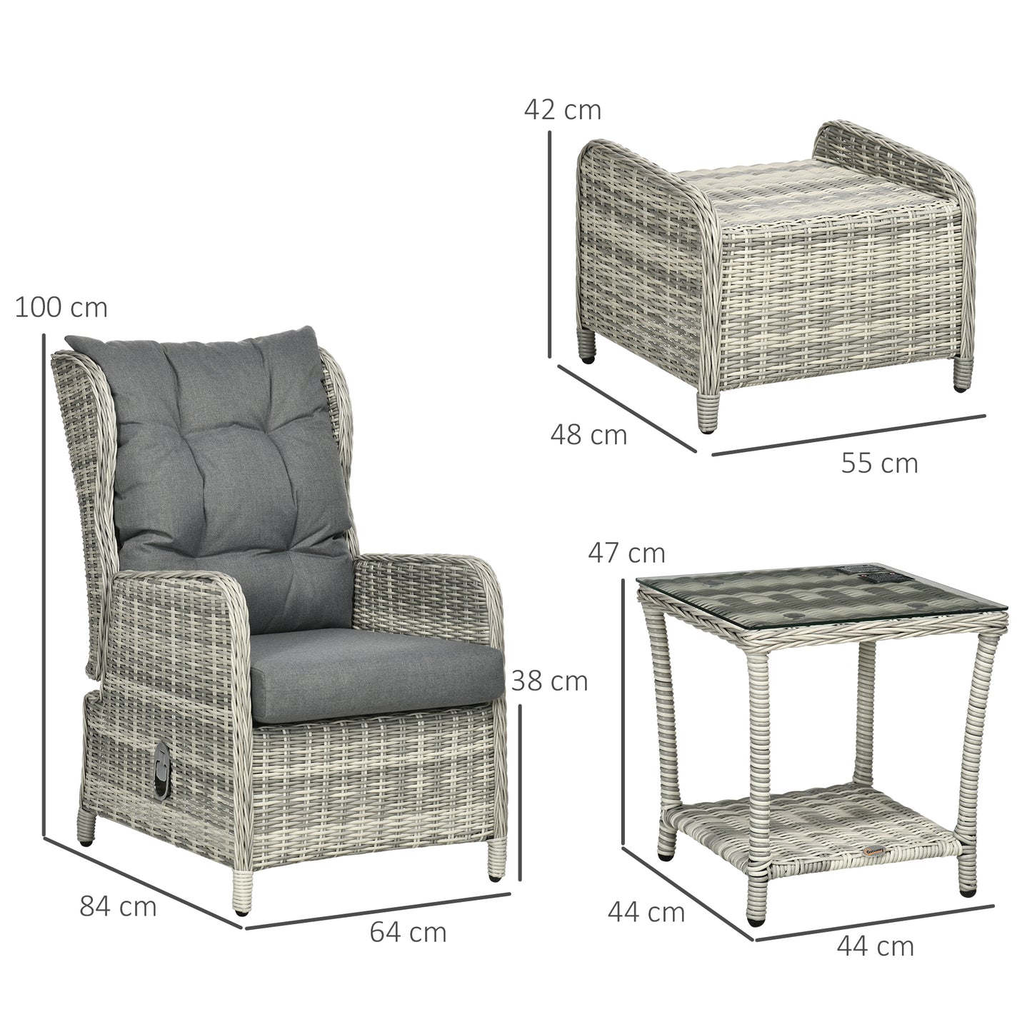 Outsunny 5-Piece Outdoor Wicker Recliner Sofa Set with Adjustable Loungers, Glass-Top Table, and Footstools in Mixed Grey - ALL4U RETAILER LTD