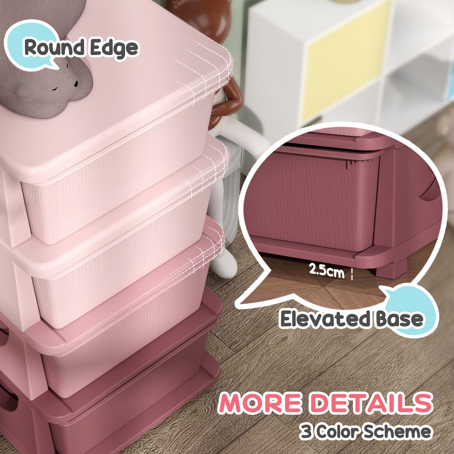 HOMCOM Four Tier Kids Storage Boxes With Four Drawers Pink Durable Plastic Toy Organizer