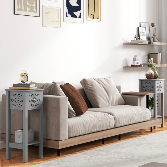 Homcom Set Of Two Elegant Floral Cutout Grey Side Tables With Drawers And Shelves For Living Room