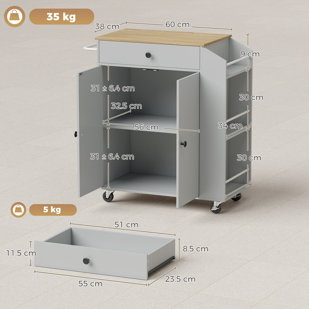 Light gray rolling kitchen island cart with drawer and side shelves, with dimension diagram