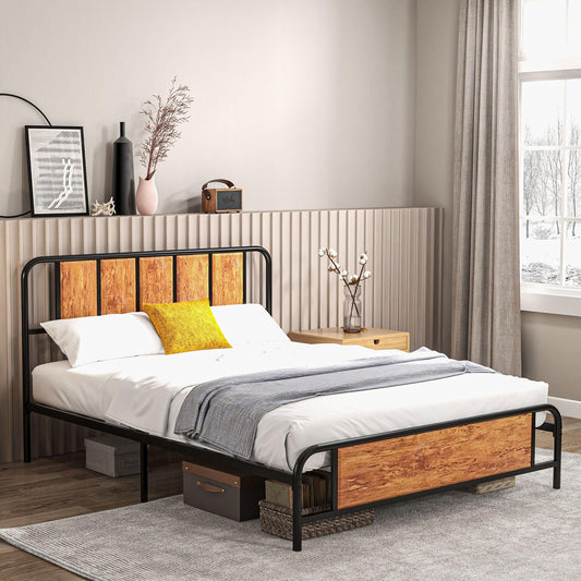 HOMCOM King Size Bed Frame Steel Bed Base with Headboard 160 x 207cm Brown - ALL4U RETAILER LTD