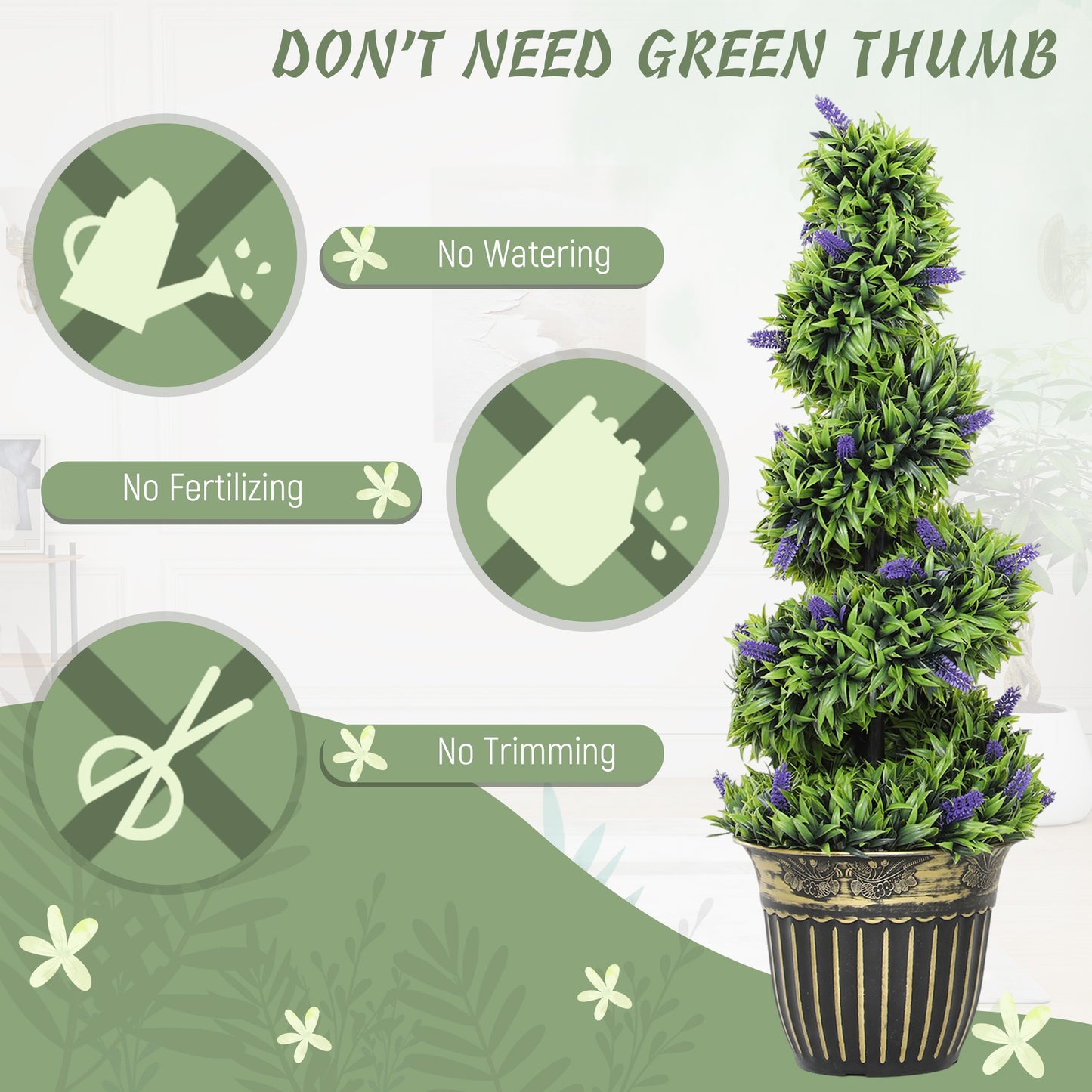 HOMCOM Set Of Two 90cm Artificial Lavender Trees In Black And Gold Weighted Cement Pot