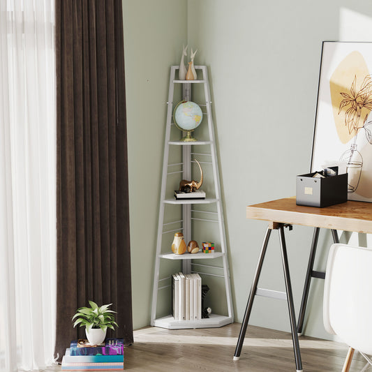 HOMCOM Five Tier Corner Shelf White with Steel Frame and Adjustable Feet for Space Saving Storage