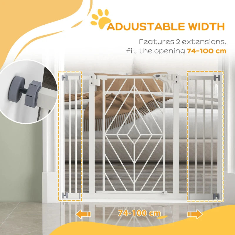 PawHut Pressure Fit Stair Gate Dog Gate with Auto-Closing Door, Double Locking Mechanism, Easy Installation, Adjustable Width 74-100cm - White - ALL4U RETAILER LTD