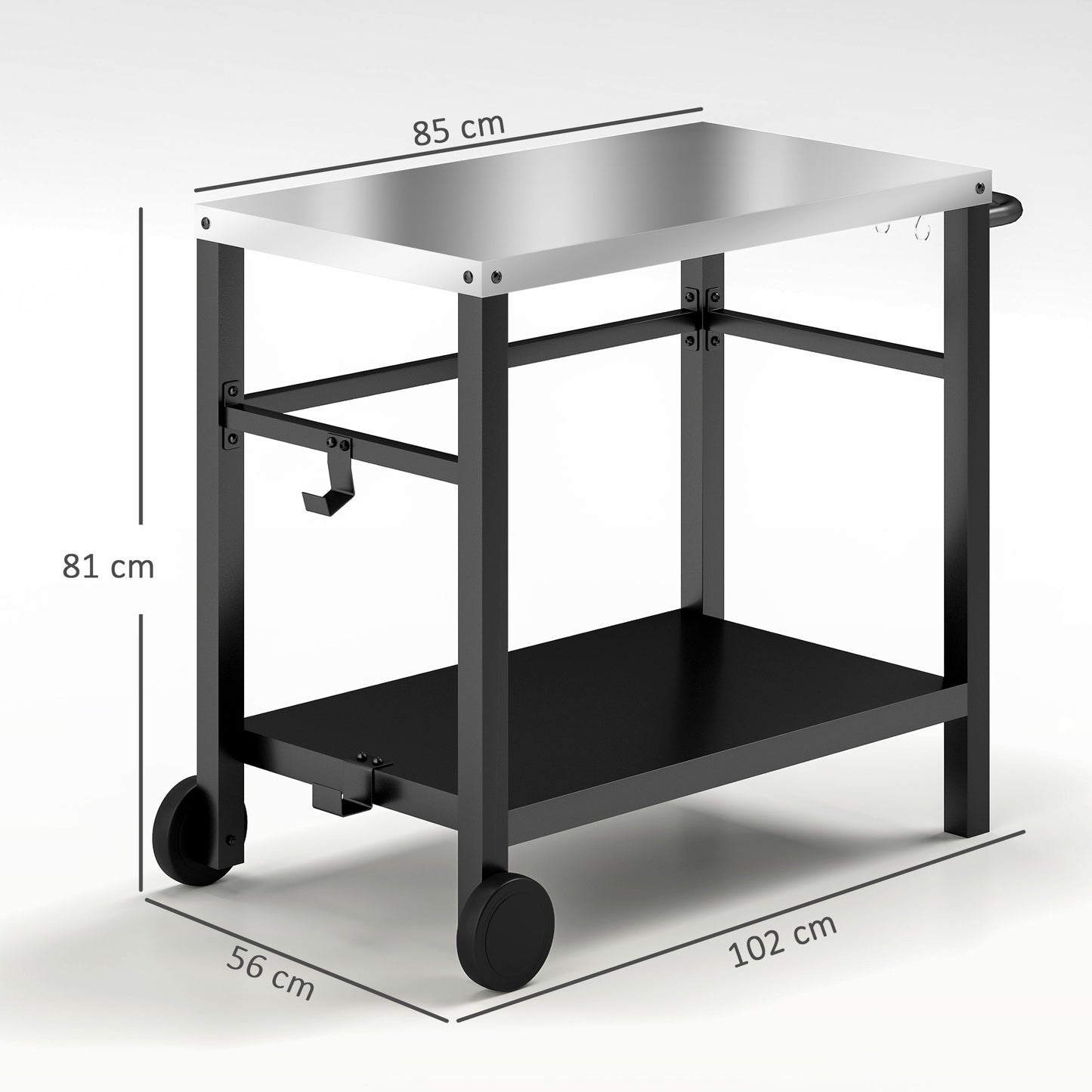 Outsunny Outdoor Grill Cart with Stainless Steel Top Two Shelf Portable BBQ Trolley with Hooks Wheels Charcoal Grey