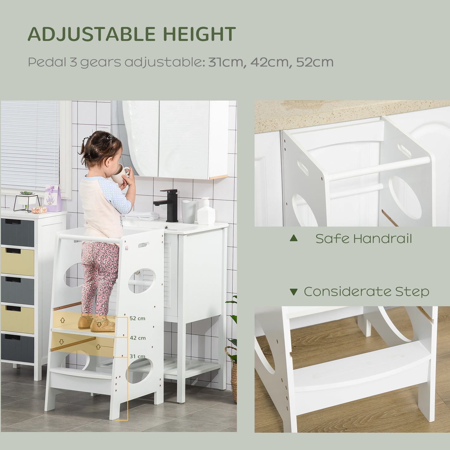 HOMCOM Toddler Step Stool Adjustable Standing Tower With Safety Rail For Kitchen Counter White