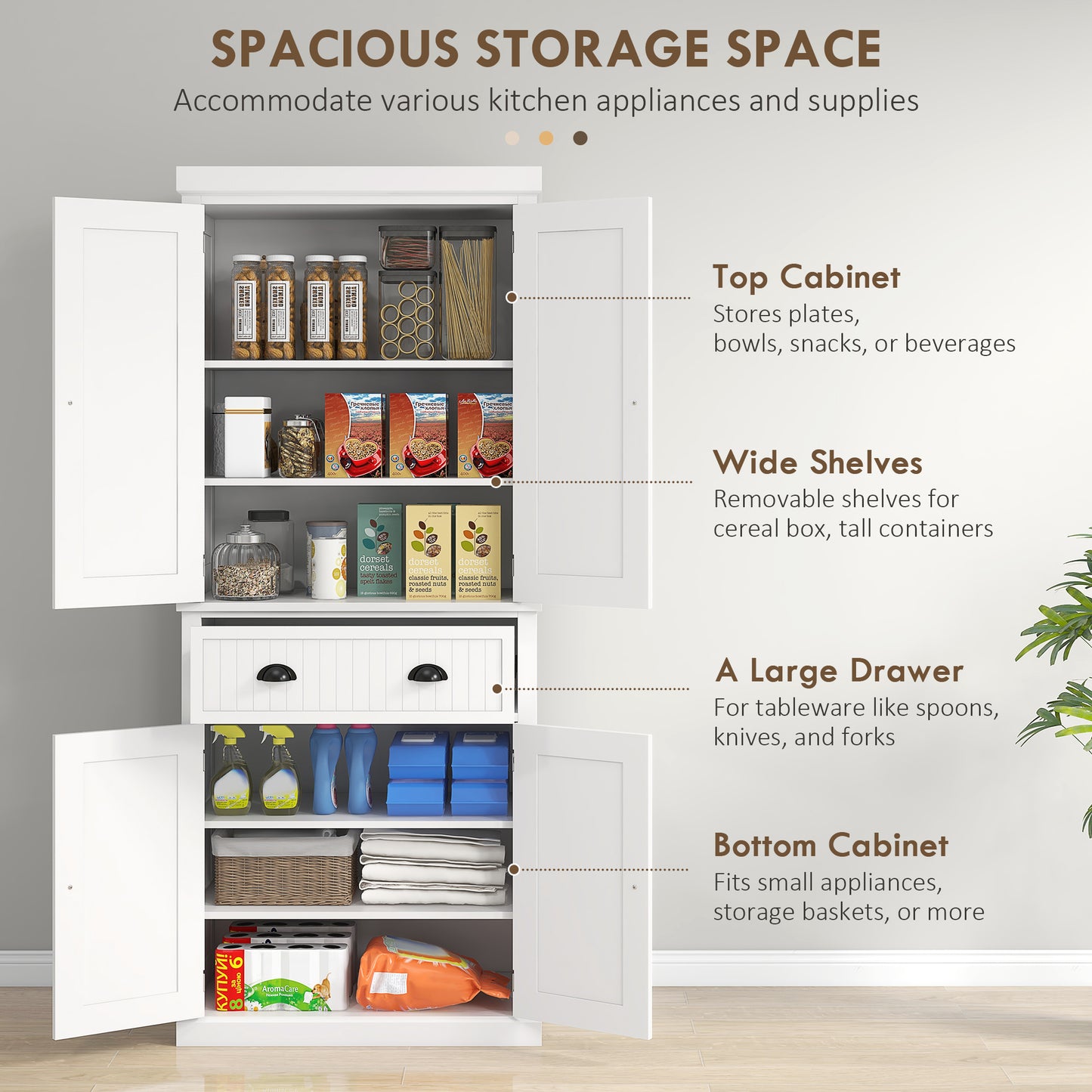 HOMCOM White Kitchen Storage Cabinet With Drawer And Adjustable Shelves Tall Pantry Organizer