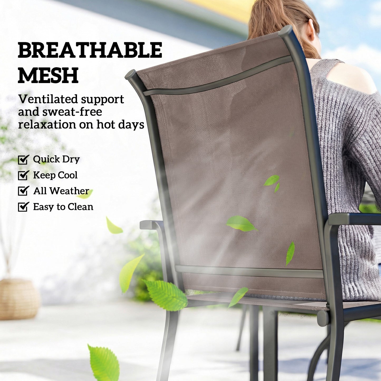 Outsunny 5 Piece Outdoor Dining Set For 4 With Garden Table And Stackable Chairs Breathable Mesh Seats Grey And Khaki