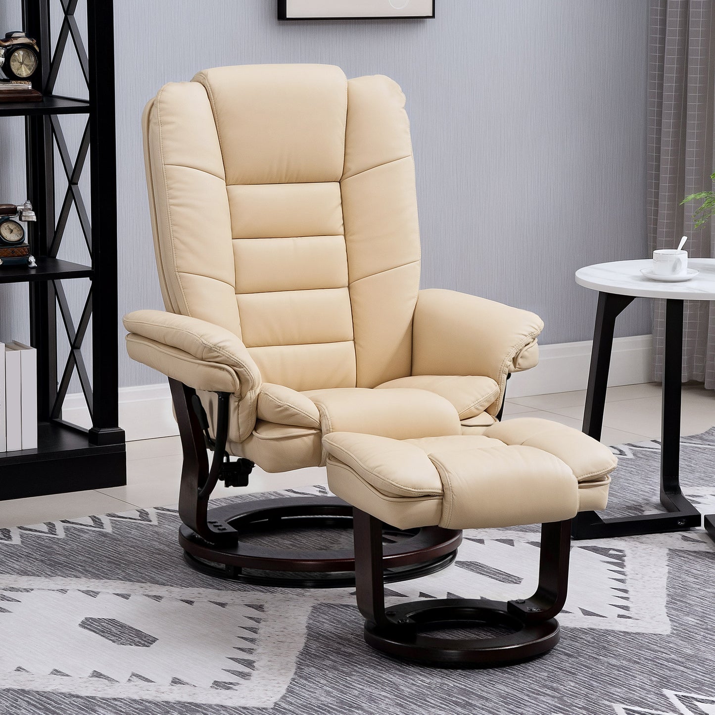 HOMCOM Faux Leather 135 Degree Reclining Chair and Footstool Beige Lounge Set for Ultimate Relaxation