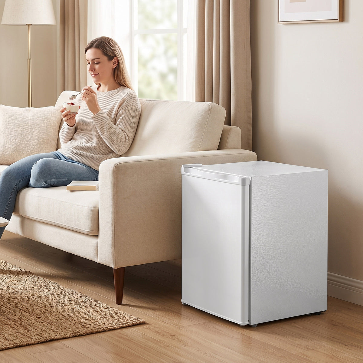 White countertop mini freezer with closed door and compact cube design