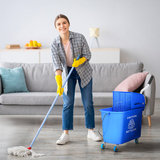 HOMCOM 20L Dual-Compartment Mop Bucket with Removable Wringer and Wheels for Effortless Floor Cleaning, Blue - ALL4U RETAILER LTD