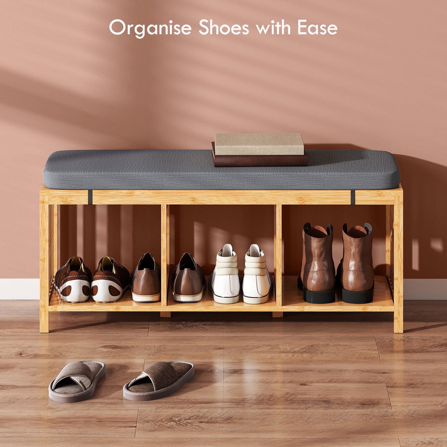 HOMCOM Bamboo Shoe Bench With Padded Cushion And Storage Open Shelf Entryway Organizer In Natural Wood Finish