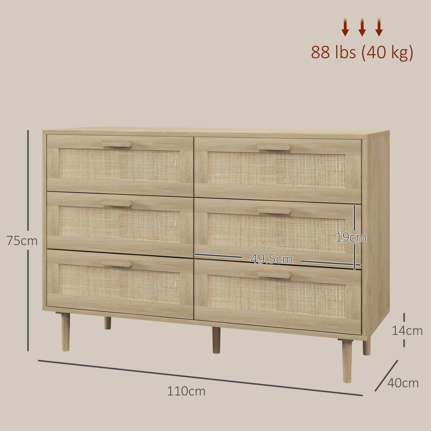 HOMCOM 6 Drawer Tall Chest Of Drawers With Rattan Element Oak Finish For Bedroom And Living Room