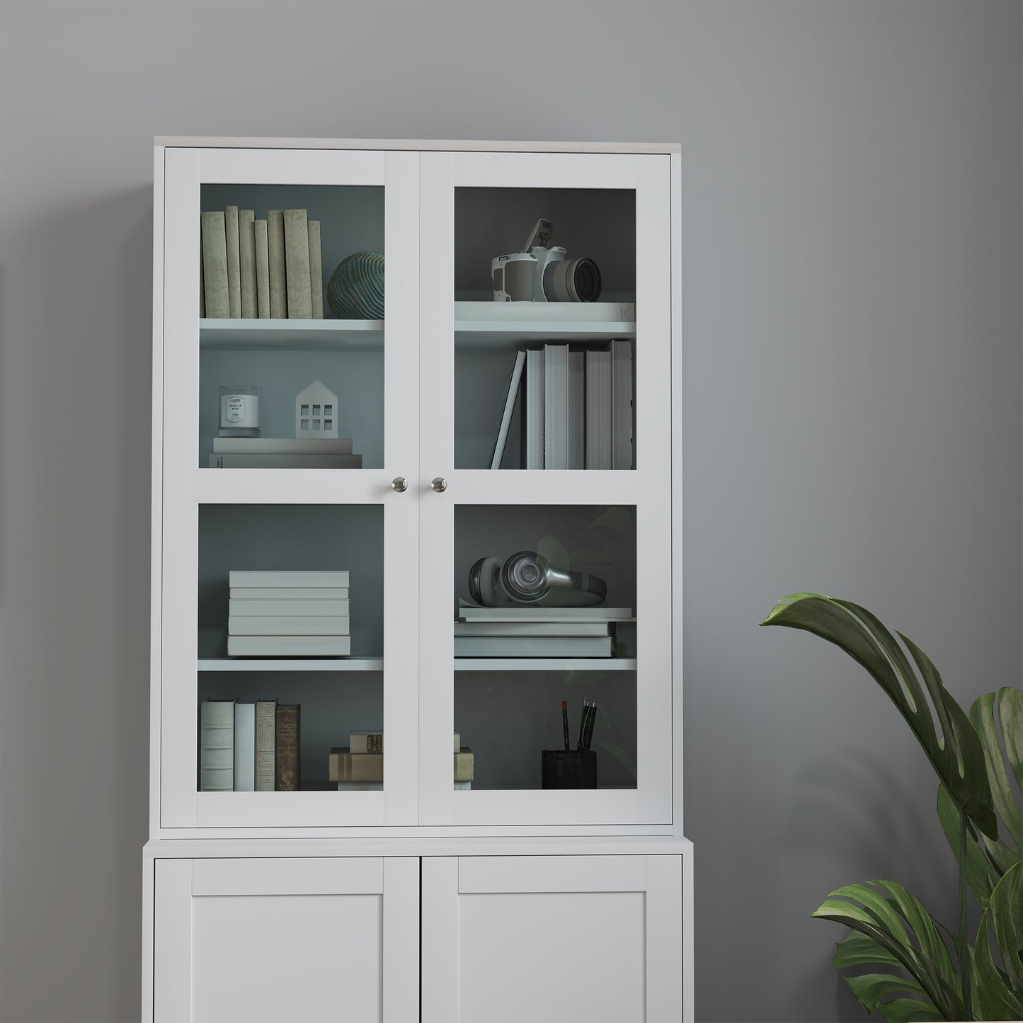 HOMCOM Double Storage Display Cabinet With Adjustable Shelves White MDF Glass Doors