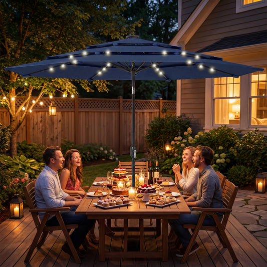 Outsunny 2 8 M Garden Parasol Umbrella With LED Solar Light Parasol Cover Navy Blue 3 Tier Outdoor Table Market Patio