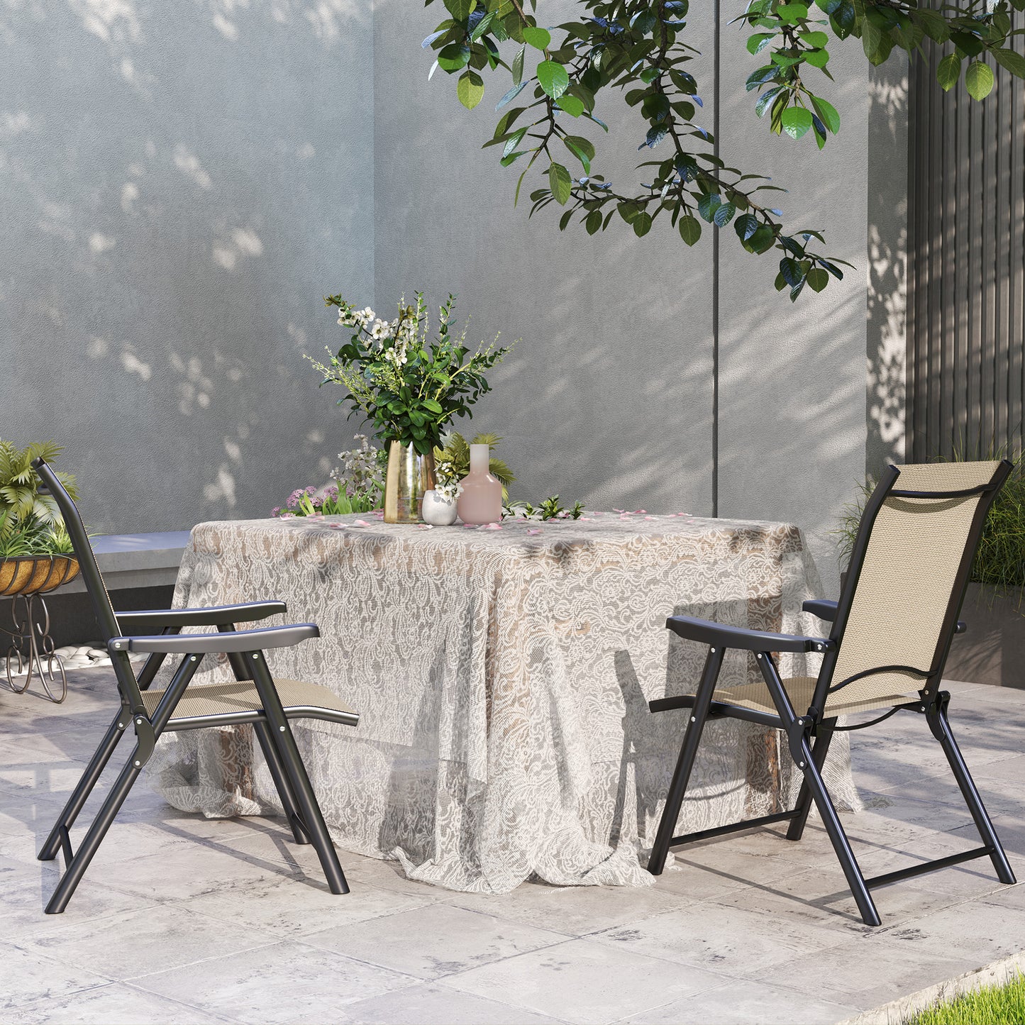 Outsunny Set of Two Folding Outdoor Chairs Brown Black for Garden Patio with Breathable Mesh Seats
