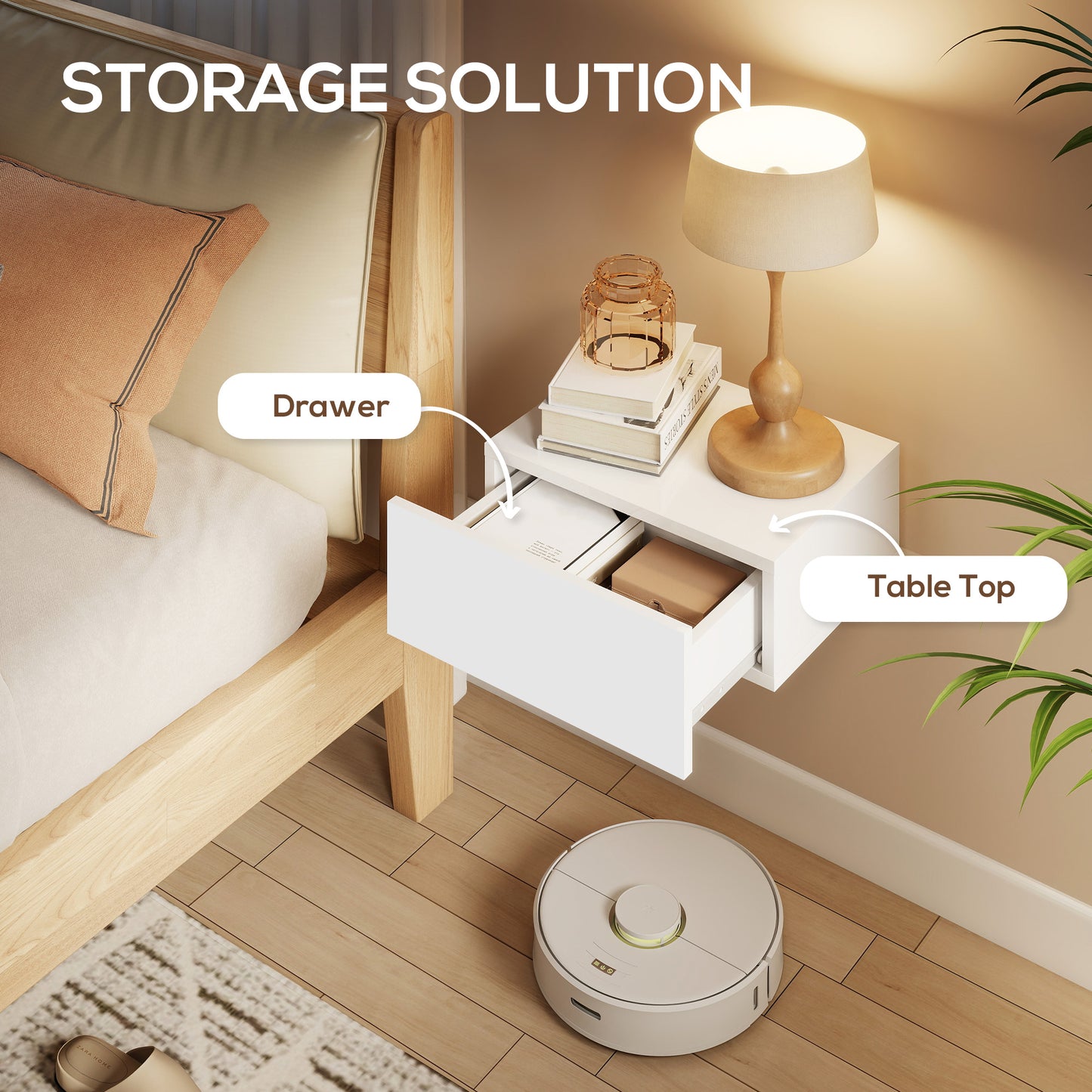 HOMCOM Floating Bedside Table Set Of 2 White Wall Mounted Nightstands With Storage Drawers