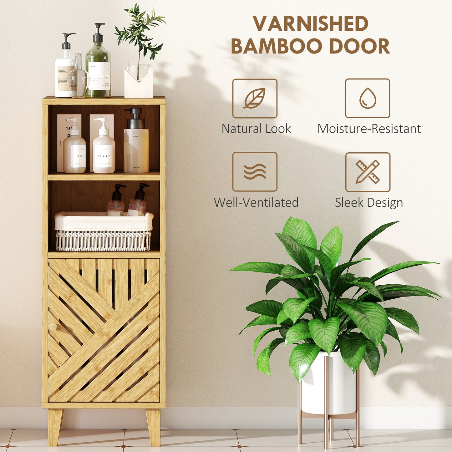 HOMCOM Slim Bathroom Cabinet With Bamboo Door And Legs Freestanding Storage Cupboard Compartments Natural Wood Finish