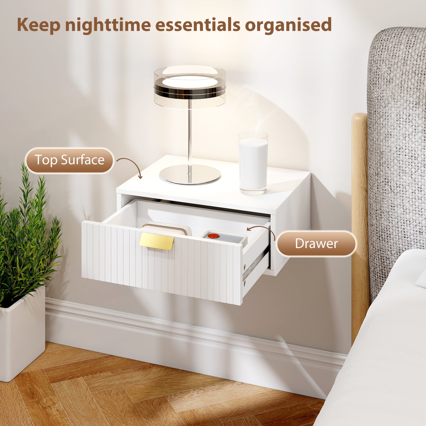 HOMCOM Floating Nightstands Set of 2 Wall Mounted Bedside Tables With Wave Drawer White Finish