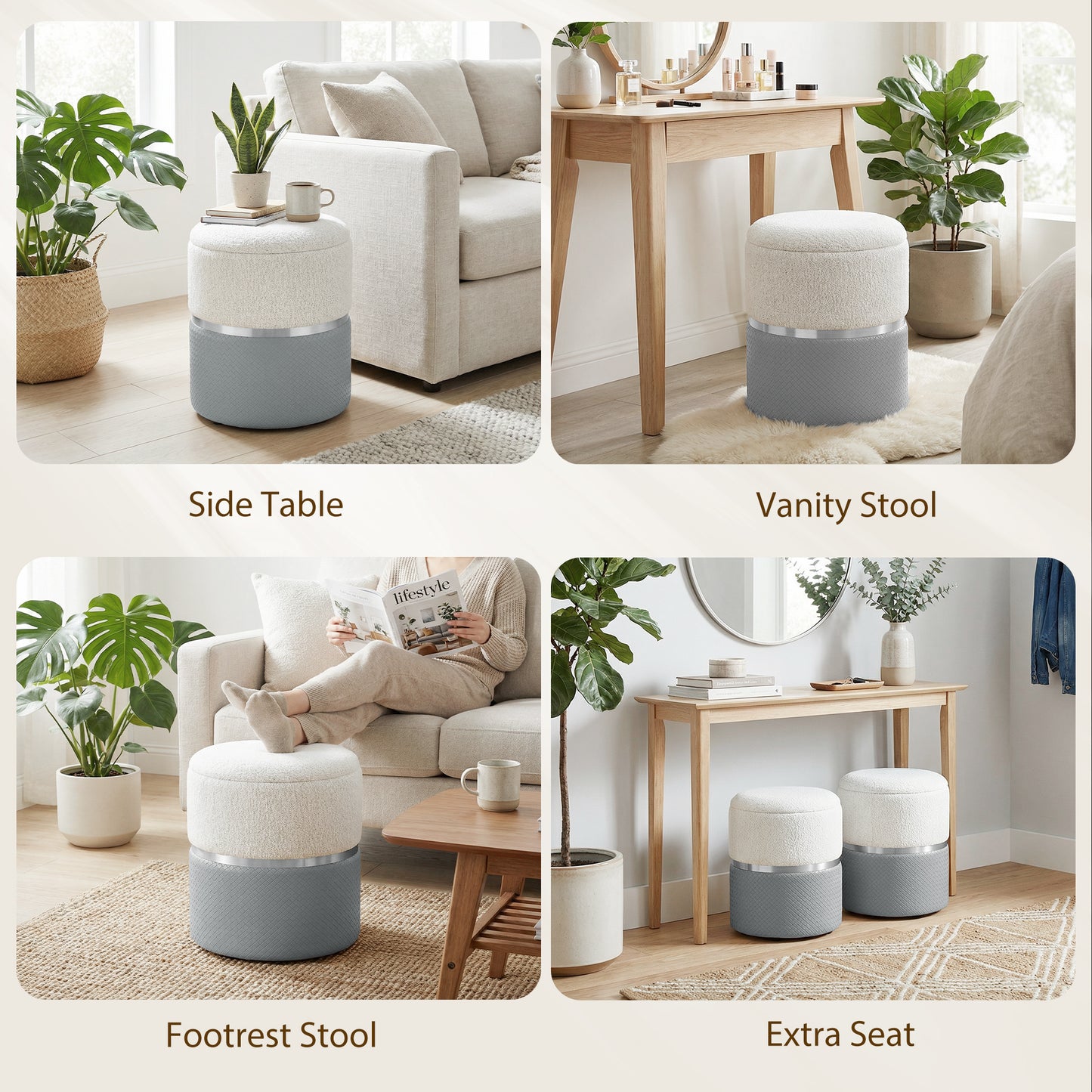 HOMCOM Nesting Round Ottomans With Storage Set Of 2 Cream And Grey Two Tone Upholstered Ottomans