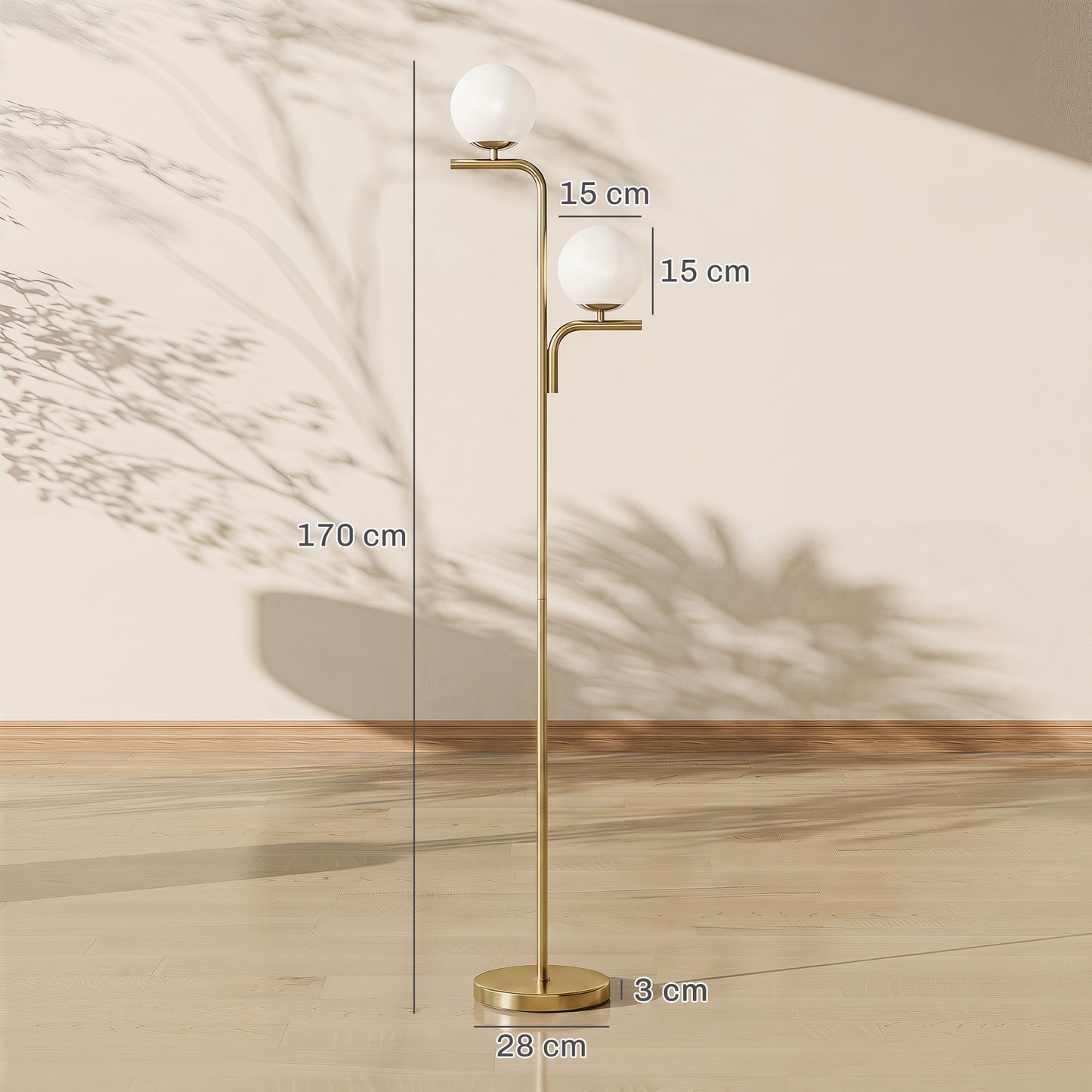 HOMCOM LED Floor Lamp Three Colour Temperatures Modern Standing Lamp With Globe Glass Shades And Foot Switch Gold Tone