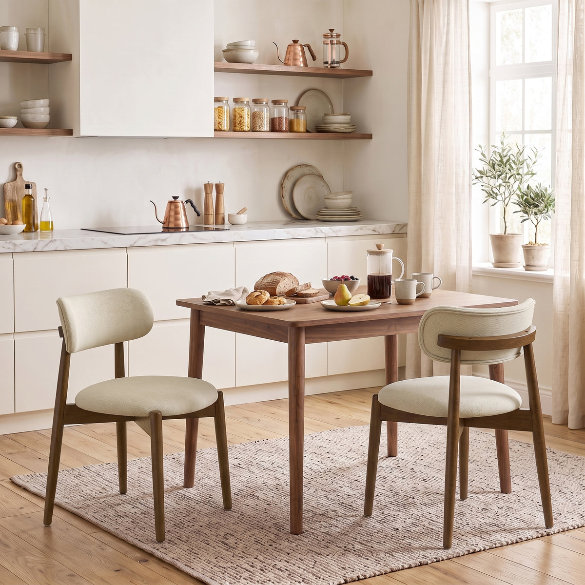 Beige chenille dining chairs set of 2 with curved backs and wood legs