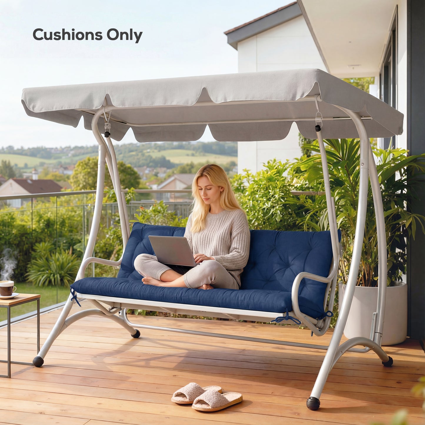Outsunny 3 Seater Bench Cushion For Indoor And Outdoor Use With Back And Ties 98 X 150 Cm Dark Blue