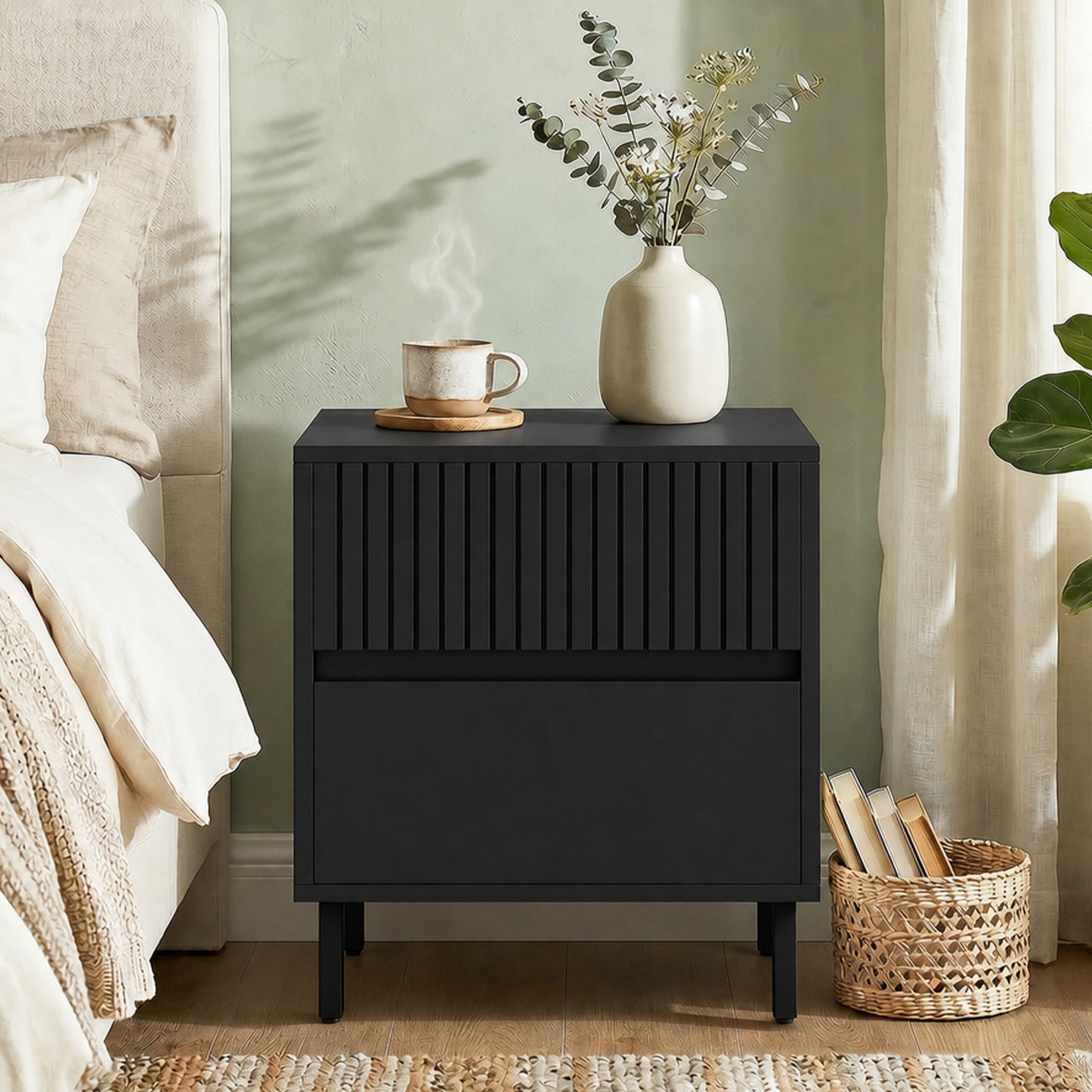 Homcom Black Nightstand With Two Drawers And Steel Legs For Bedroom