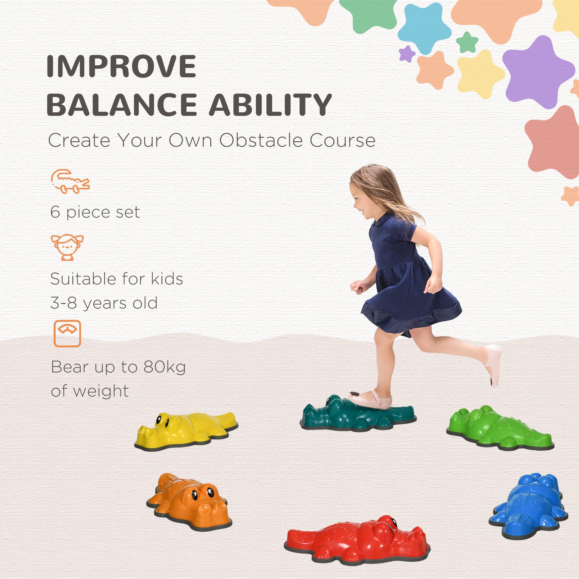 AIYAPLAY Crocodile-Shape Balance Stones for Kids - 6-Piece Set with Anti-Slip Design - ALL4U RETAILER LTD