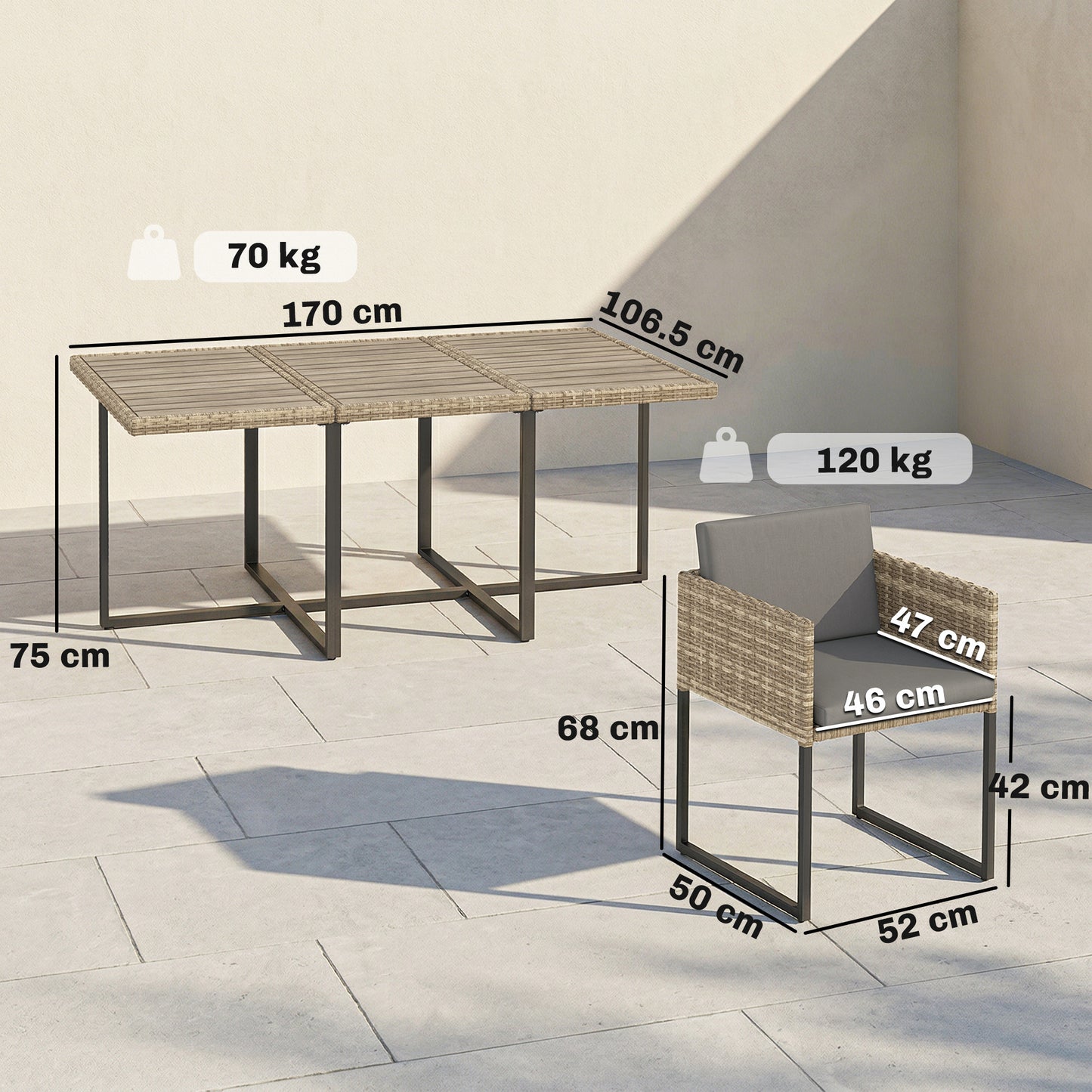 Outsunny 7 Piece Rattan Garden Furniture Set Dining Set With Wood Plastic Table And 6 Stackable Chairs Light Brown