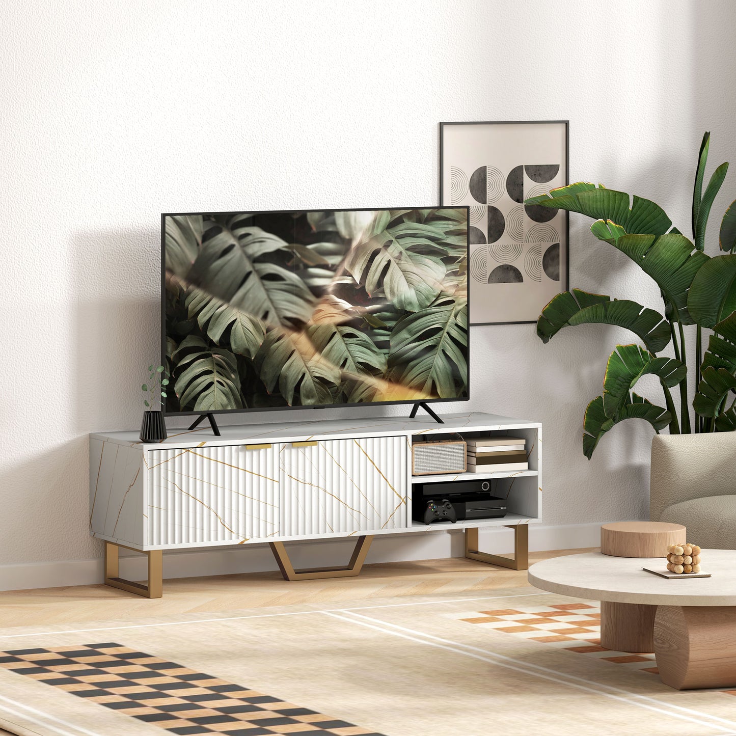 HOMCOM Marble Effect TV Unit For Up To 70 Inch TVs With Fluted Doors Open Shelves And Cable Management White