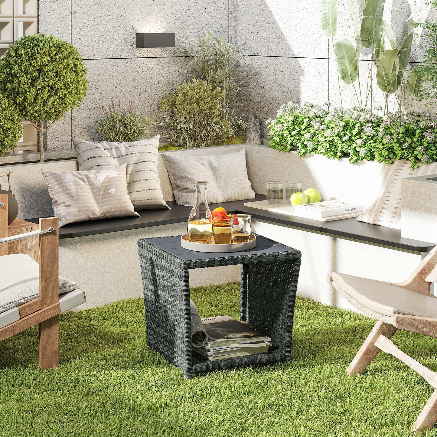 Outsunny 2 Tier Outdoor Side Table With Storage Shelf PS Wood Slat Top Grey Patio Coffee Table