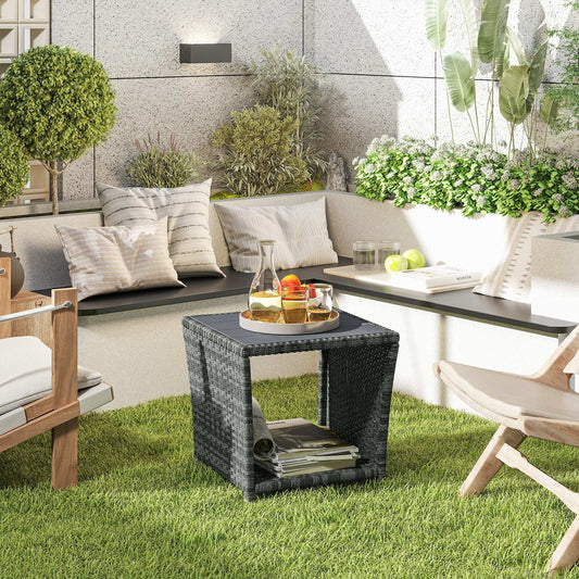 Outsunny 2 Tier Outdoor Side Table With Storage Shelf PS Wood Slat Top Grey Patio Coffee Table