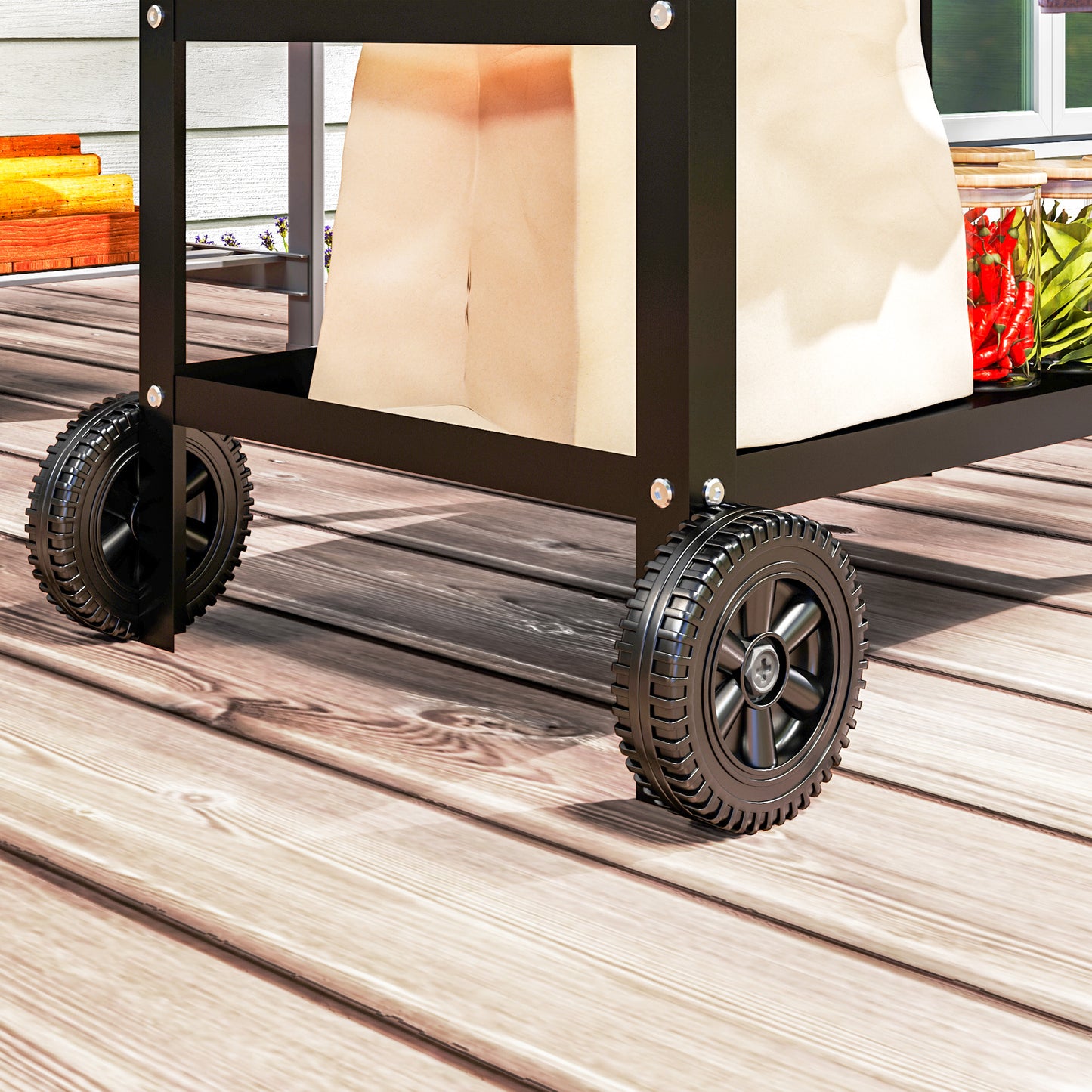Outsunny Outdoor BBQ Trolley With Stainless Steel Top Adjustable Shelf Movable Grill Cart With Hooks Cover Black