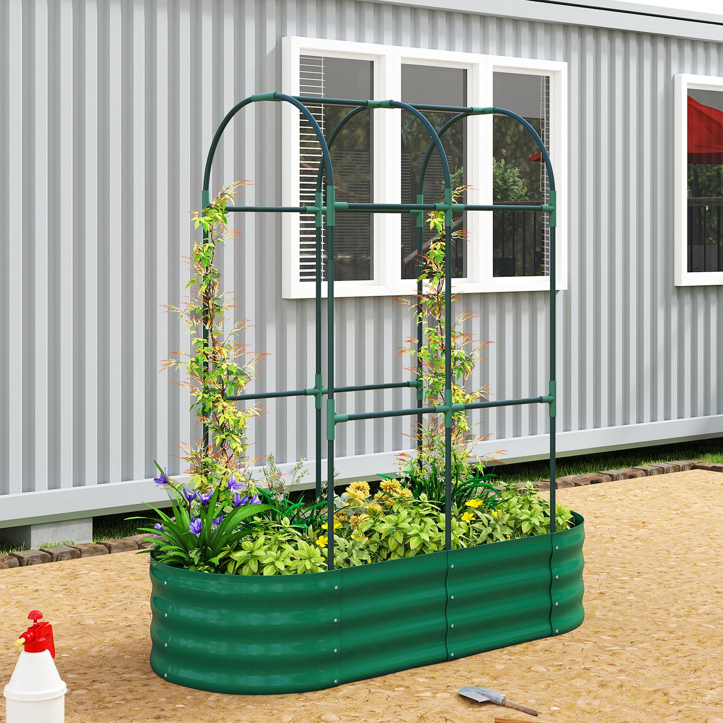 Outsunny Galvanised Raised Garden Bed With Arched Trellis, 4 X 2 X 4.6ft, Metal Raised Bed Planter, Open Bottom, Green