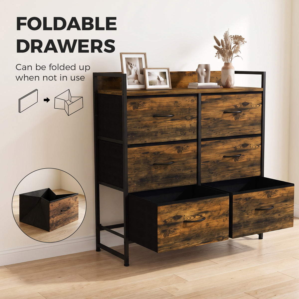 Rustic chest with six foldable fabric drawers and open shelf, dark frame, brown woodgrain front