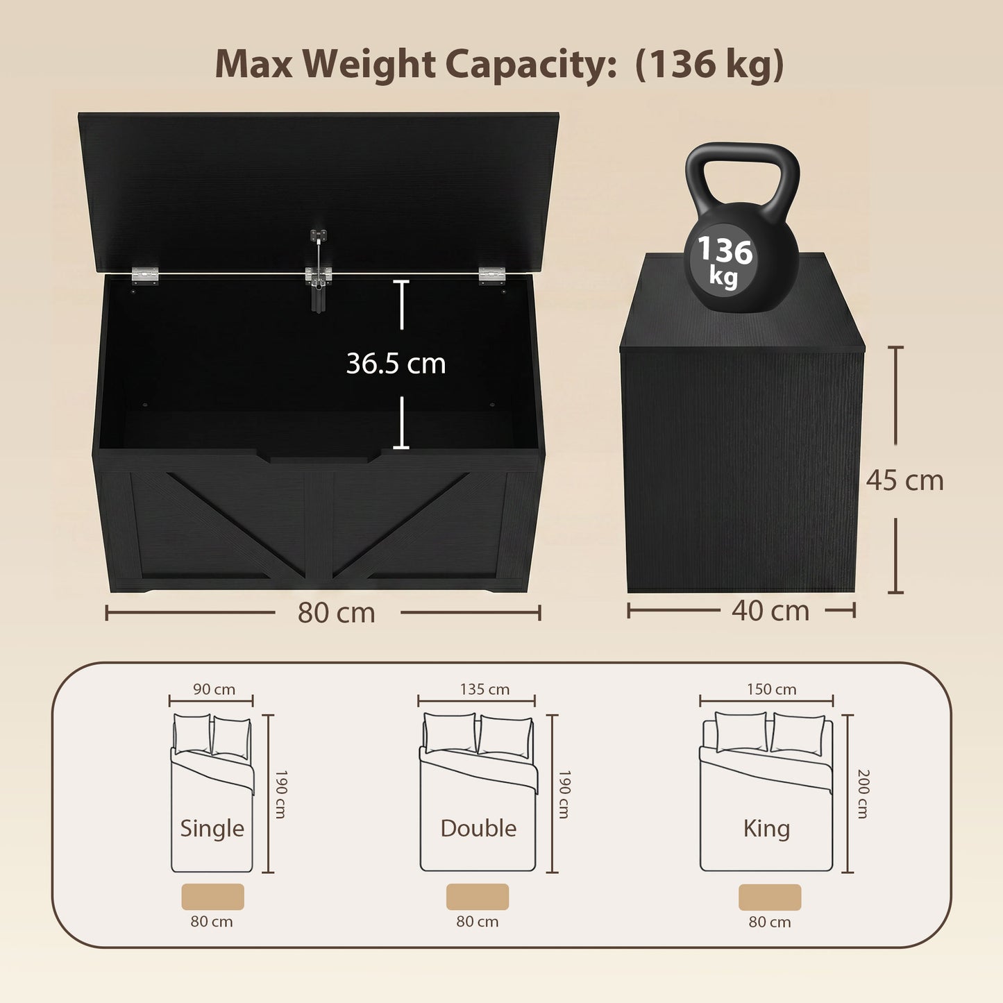 HOMCOM 100L Storage Box Bench With Safety Hinge Black Wood Effect Chest For Living Room