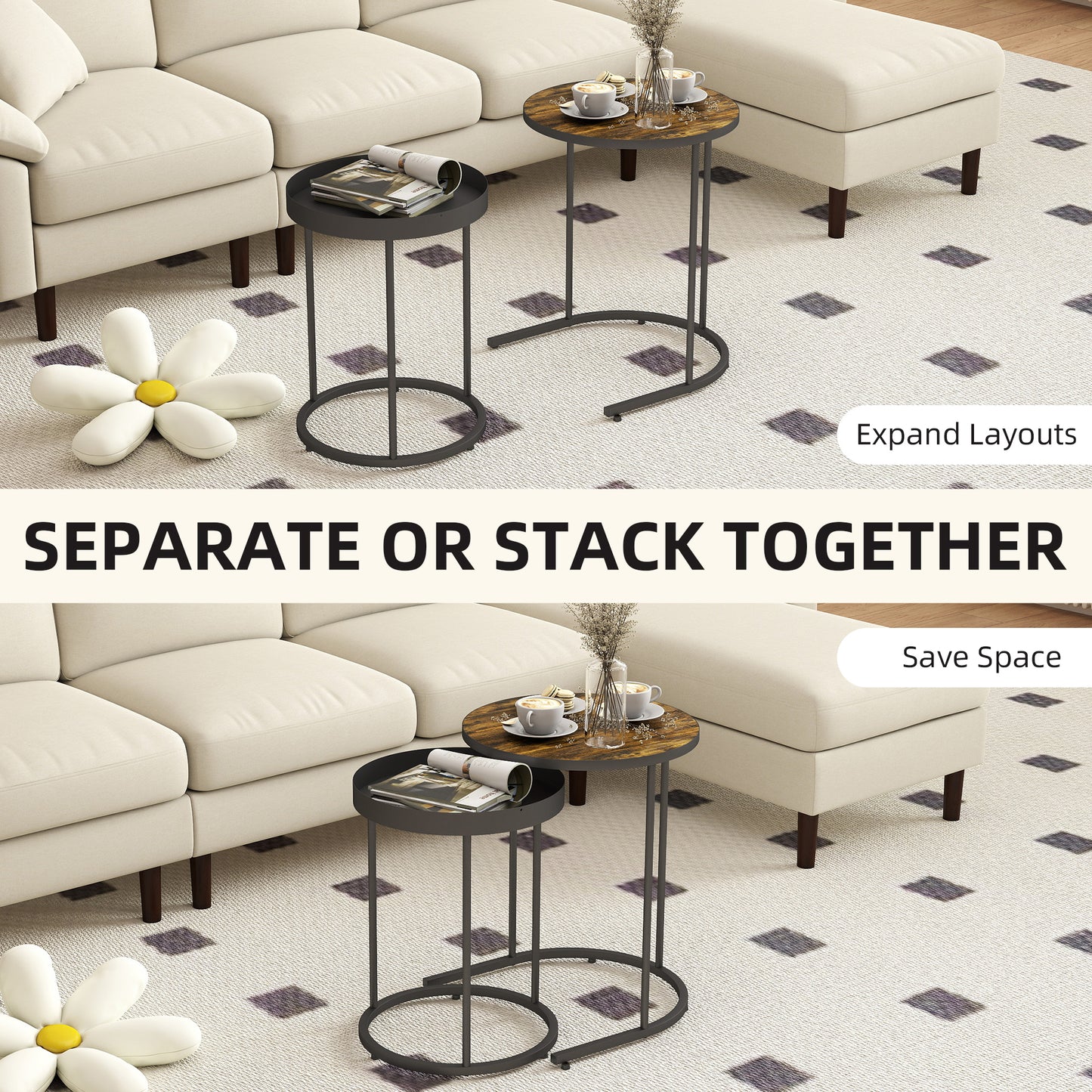 Industrial Nesting Tables Set of Two Brown and Black Finish Space Saving Nesting Tables for Living Room