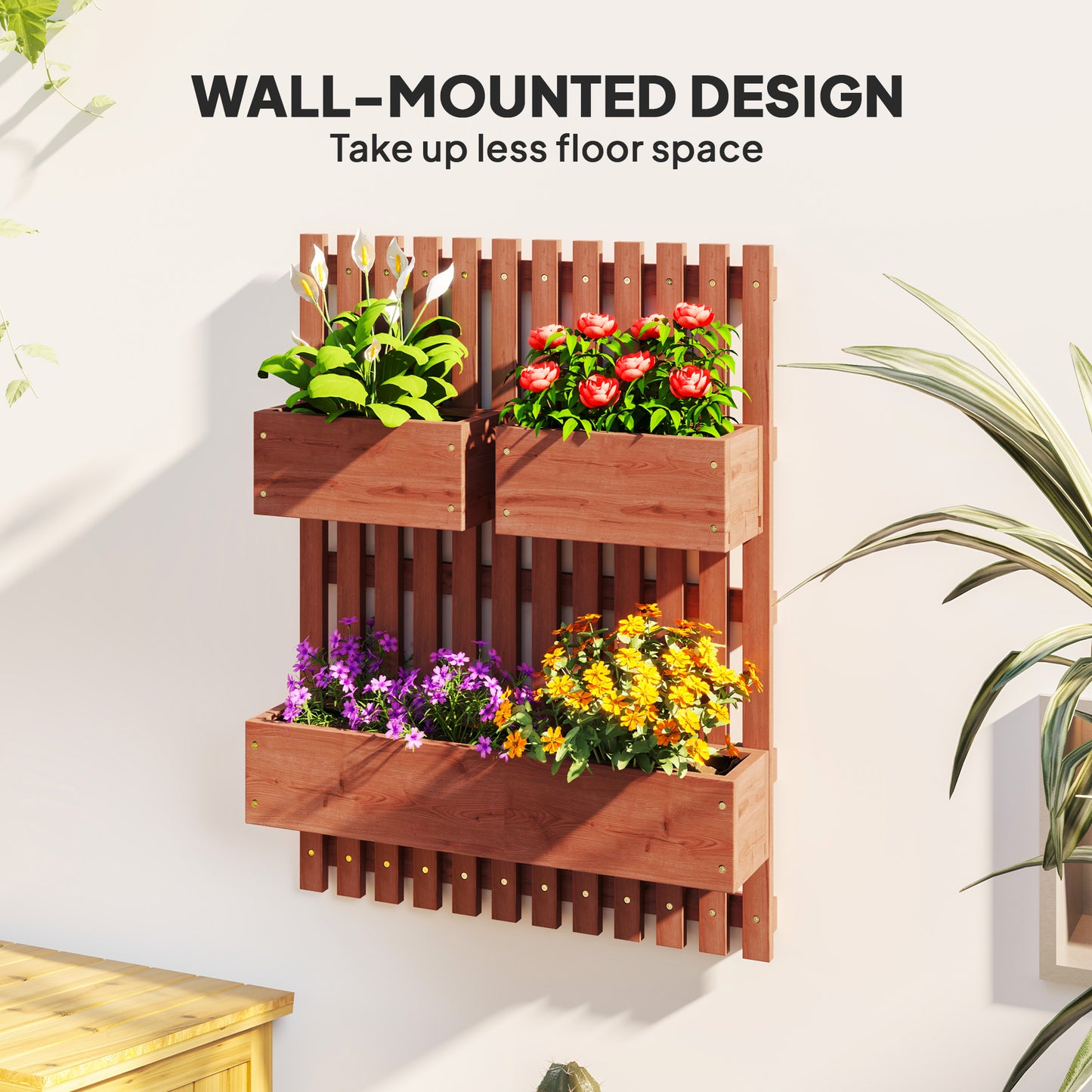Outsunny Wall Mounted Wooden Garden Planter with Trellis and Drainage Holes Three Planter Boxes for Patio Brown