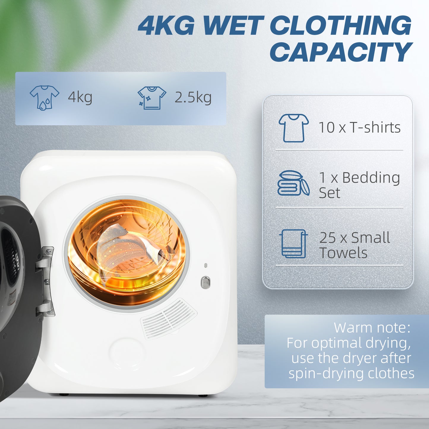 HOMCOM Compact Tumble Dryer With UV Sterilisation 4 Kg Capacity Quick Deodorisation Under 30 Minutes White