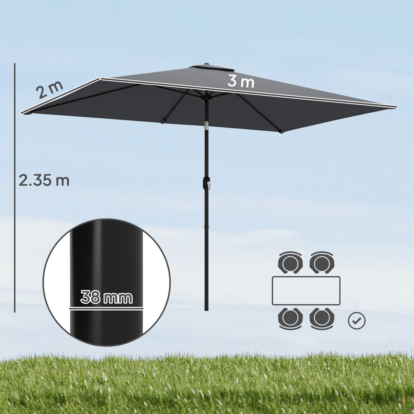 Outsunny Garden Parasol With Crank Handle Tilt Function Polyester Canopy Dark Grey