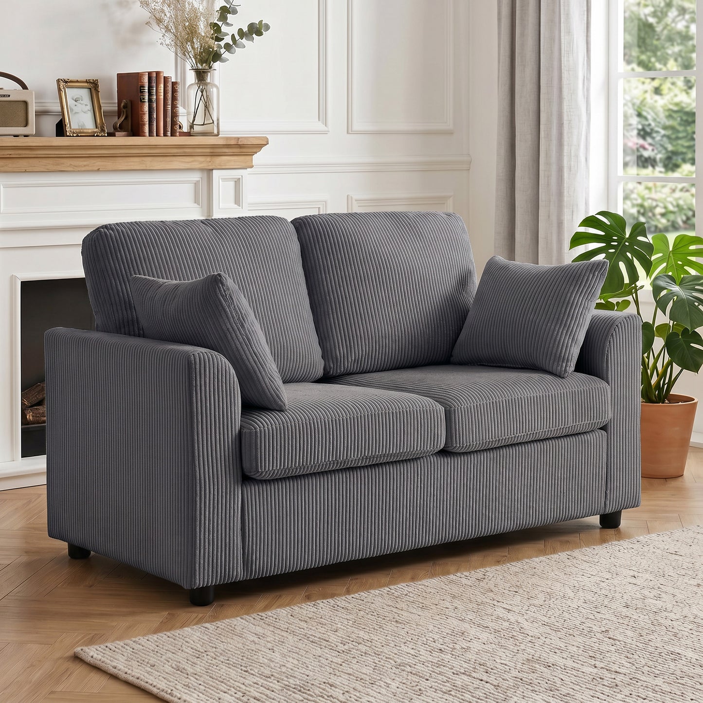 HOMCOM 2 Seater Sofa Corduroy Small Couch With Spring Cushion Wide Deep Seat Dark Grey