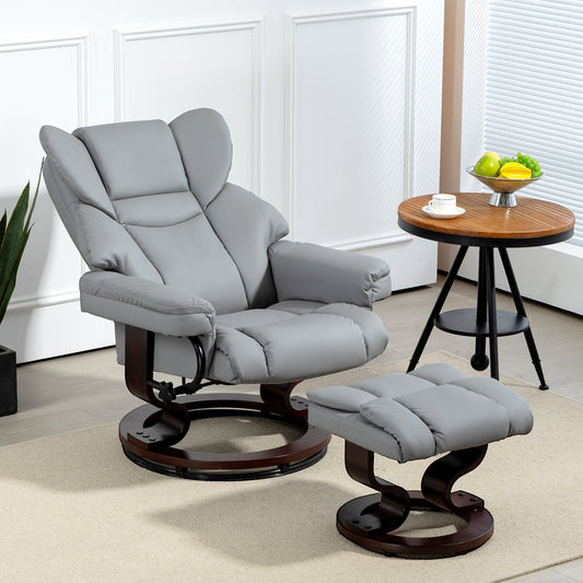 HOMCOM 360 Degree Swivel Recliner Chair With Footstool Light Grey PU Leather Manual Armchair With Solid Wood Base