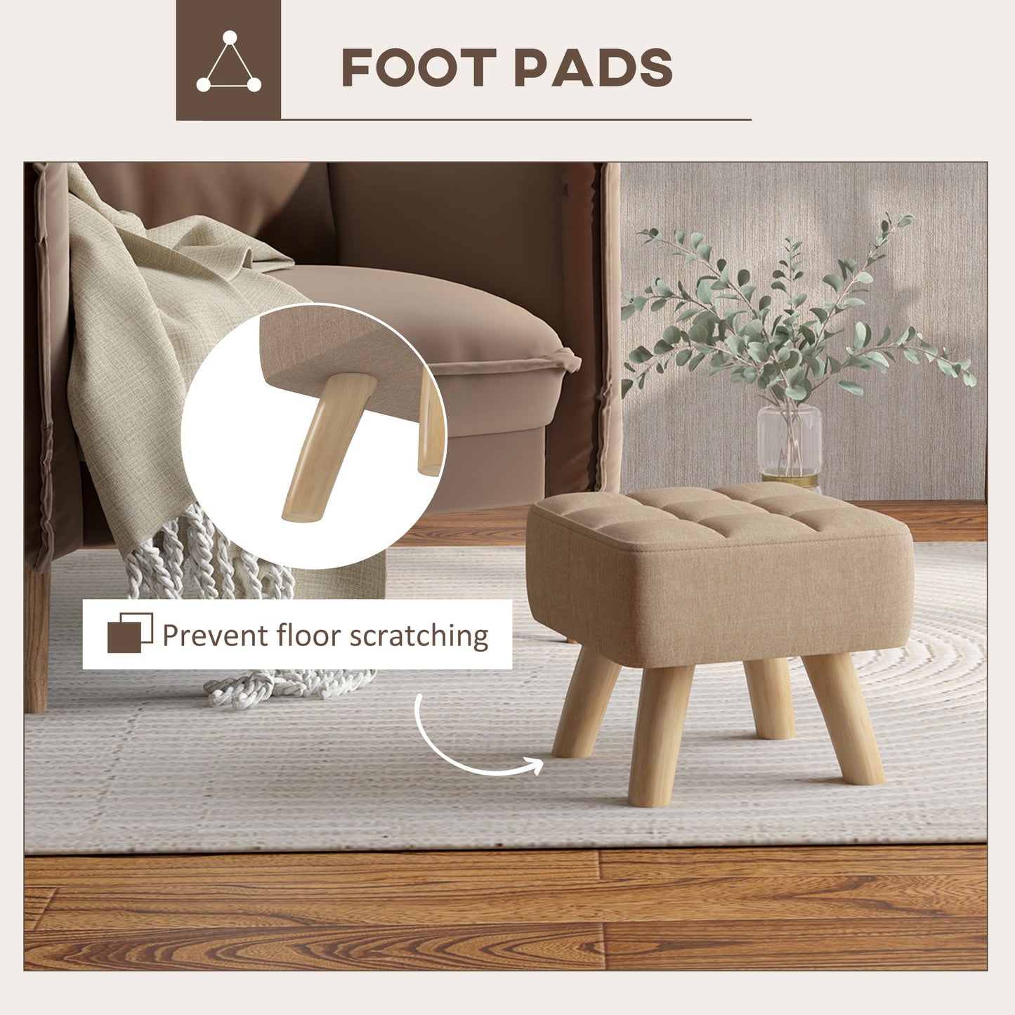 HOMCOM Linen Look Square Padded Footstool Brown With Tufted Top And Wooden Legs For Stability